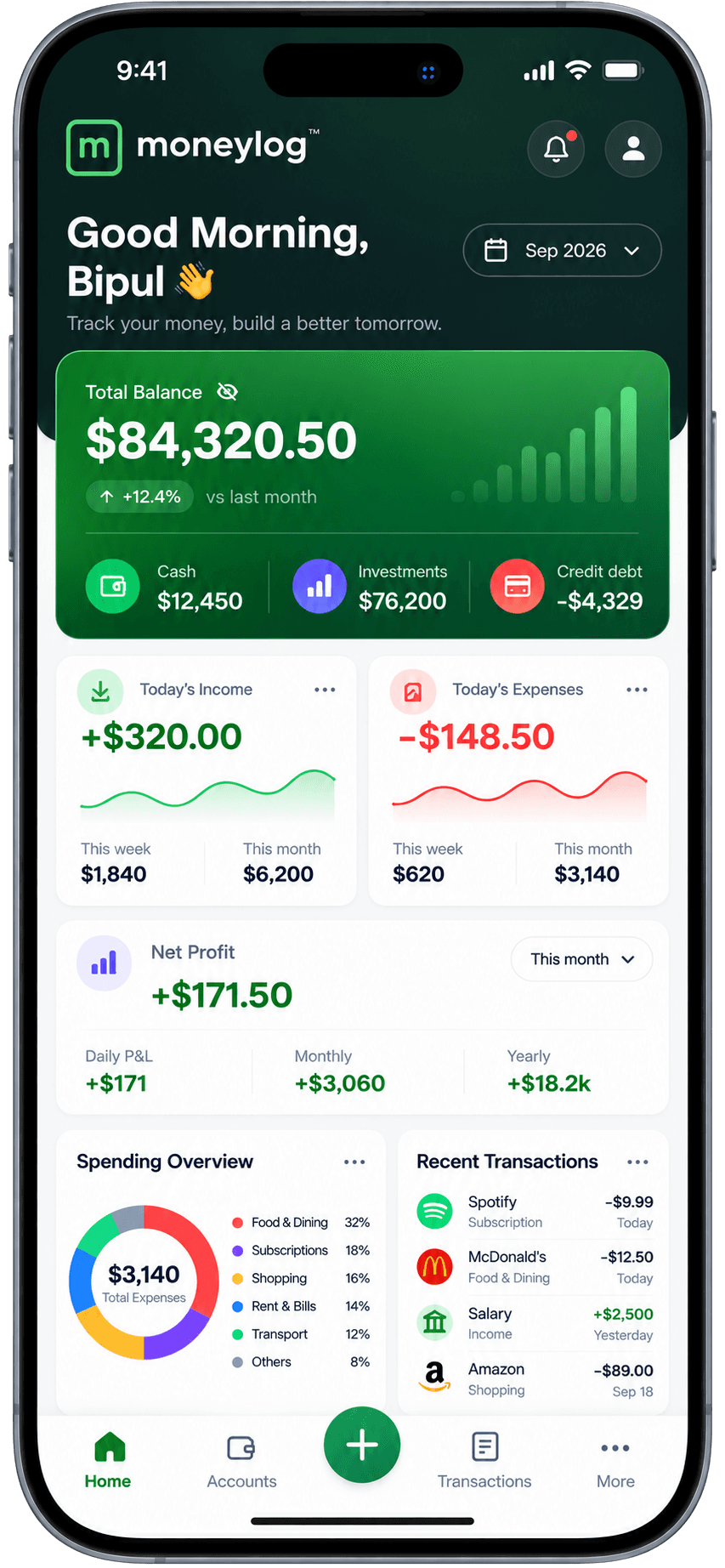 moneylog mobile app showing total balance, income, expenses and recent transactions